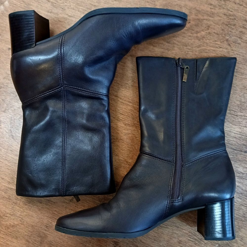 EASY SPIRIT Brown Leather Mid Calf Booties Ankle Block Heel Verybossys Size 9 - Picture 2 of 12